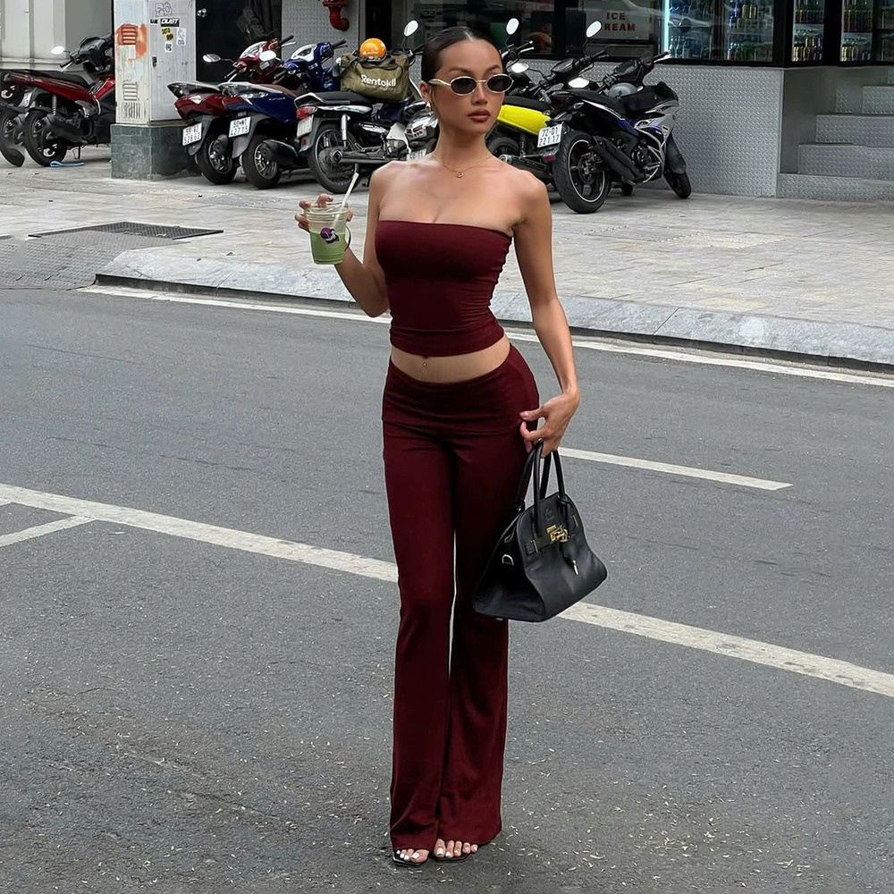 Zara Spring Summer Street Backless Tight Bandeau Top High Waist Pants Set